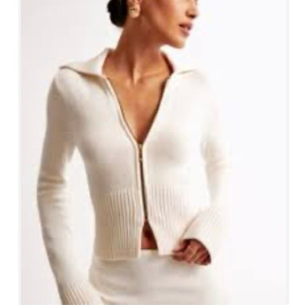 Abercrombie Fitch Ribbed Knit Zip Collared Cardigan Sweater L Cream Minimalist